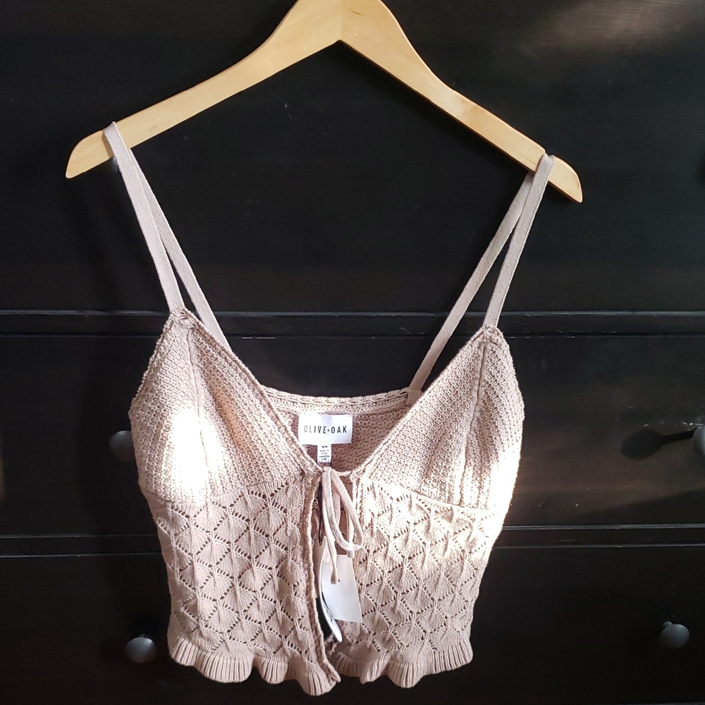 OLIVE + OAK NWT CROCHET Knit Open Tie Front Tank - Teak Wood M